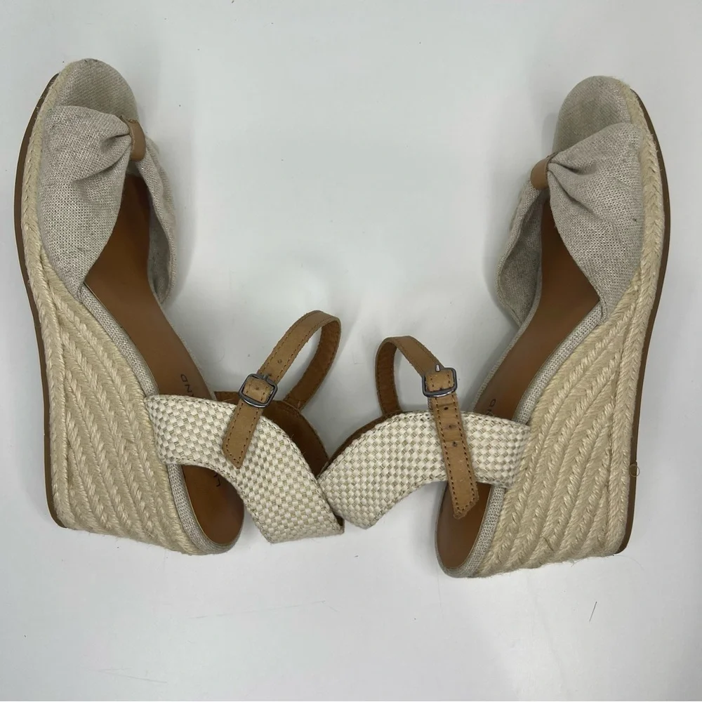 Lucky Brand Women's 8 Tan Gray Espadrille Wedge Sandal Feminine Bow‎ Beach Vaca